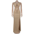 New Women's Hemp Rope Maxi Dress Sexy Criss Cross Cut-Out Halter Neck Backless High Slit Party Dresses Birthday Outfits
