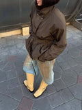 Casual Daily Wear Coffee Trench Coat for Women Stand Collar Buttons Design Belt Accent Oversized for Street Style
