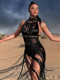 2026 White Black Women Turtleneck Long Tassel Sexy Perspective Design Maxi Dress Fashion Club Beach Vacation Party Dress