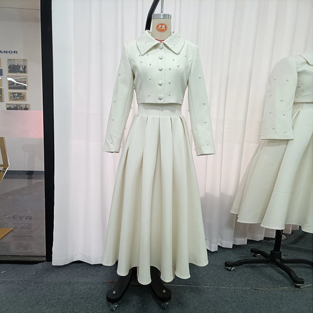 Elegant Bridesmaids White Two Piece Set for Women Lapel Pearl Accent Crop Jacket A Line Midi Skirts Suit for Formal Events