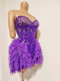 Sparkly Purple Diamonds Mesh Ruffled See Through Mini Dress Women Sexy Strapless Birthday Evening Party Nightclub Stage Costume