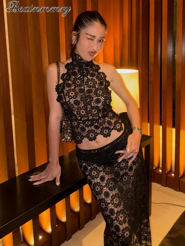 Black Lace Sleeveless 2 Piece Set Sexy Solid High Neck Halter Cutout High Waist Sheer Midi Skirt Sets Lady Holiday Beach Outfits