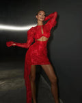 Red White Women Long Sleeve Sexy Lace Draped Bodycon Mini Dress Gloves Nightclub Party Celebrate Birthday Dress