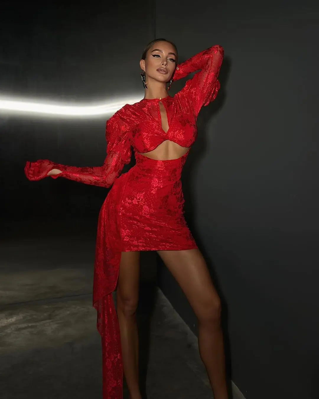 Red White Women Long Sleeve Sexy Lace Draped Bodycon Mini Dress Gloves Nightclub Party Celebrate Birthday Dress
