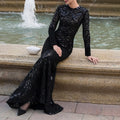 Solid Color Elegant Party Vestido Women'S Spliced Mesh Sequin Slim Long Sleeved Maxi Long Dress