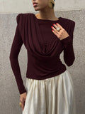 Folds Temperament Style T Shirt for Women Swing Neck Long Sleeve Tunic Slimming Fashion Autumn Tees Female Clothing