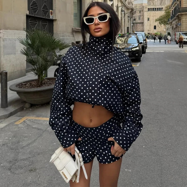 Fashion Polka Dot Print Jacket Coat Women's Stand Collar Long Sleeved Workwear Coat Ins Hot Short Casual Female Jackets
