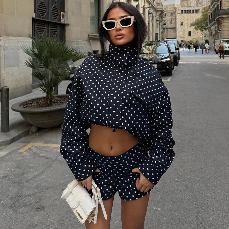 Fashion Polka Dot Print Jacket Coat Women's Stand Collar Long Sleeved Workwear Coat Ins Hot Short Casual Female Jackets
