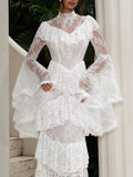Retro Luxurious Wedding Dress for Women Stand Collar Flare Sleeve Spliced Ruffles Irregular Hem Party Long Dresses Female