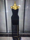 4 Colors Women Sexy Strap Shining Beading Long Tassles Bodycon Long Bandage Dress Elegant Evening Party Celebrate Birthday Wear