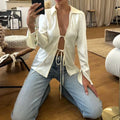 Solid Loose Temperament Blouse for Women Lapel Long Sleeves Patchwork Lace Up Elegant Top Female Fashion Clothing