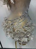 Women Sexy Sparkly Rhinestones One Shoulder Mesh See Through Mini Dress Celebrate Birthday Evening Party DJ Nightclub Stage Wear