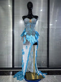 Skyblue Pink Women Sexy Strapless Shining Rhinestones Mesh Bodycon Mermaid Dress Celebrate Birthday Party Cocktail Outfit