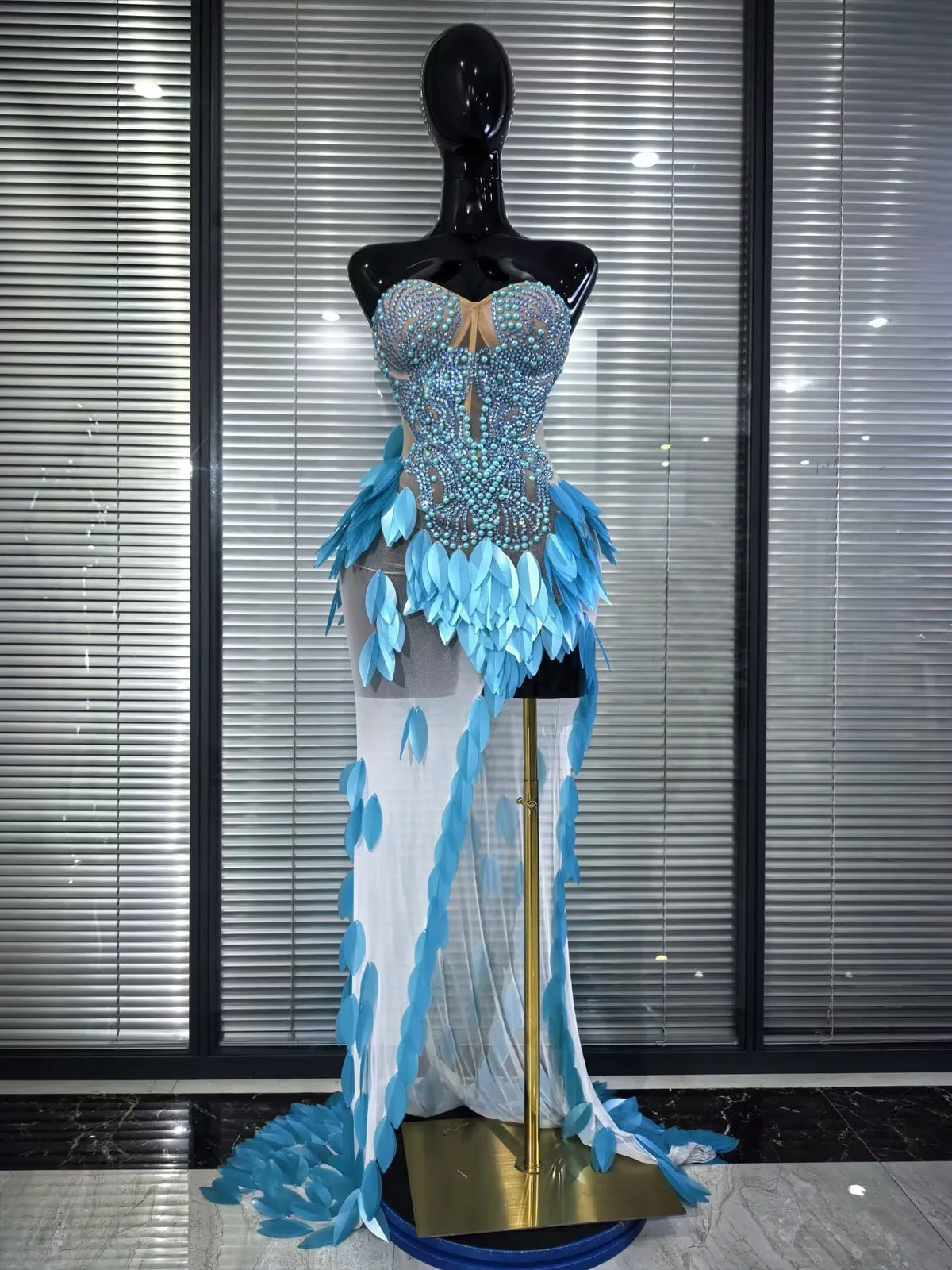 Skyblue Pink Women Sexy Strapless Shining Rhinestones Mesh Bodycon Mermaid Dress Celebrate Birthday Party Cocktail Outfit