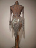 Luxury Sparkly Rhinestones Tassel Sexy See-Through Dress Women Latin Dance Outfits Bars Nightclub Party Perform Stage Costume