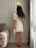 Elegant Floral Print Mini Dress Women Fashion V-neck Half Sleeve High Waist Ruffle Slim Dresses Summer Lady Vacation Robe 2026