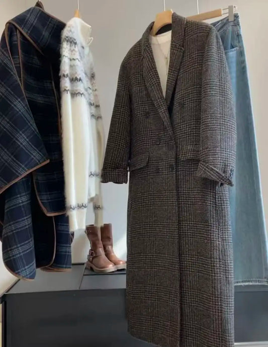 Original Winter New Style Retro British Style High-end Double-breasted Knee-length Check Coat for Women