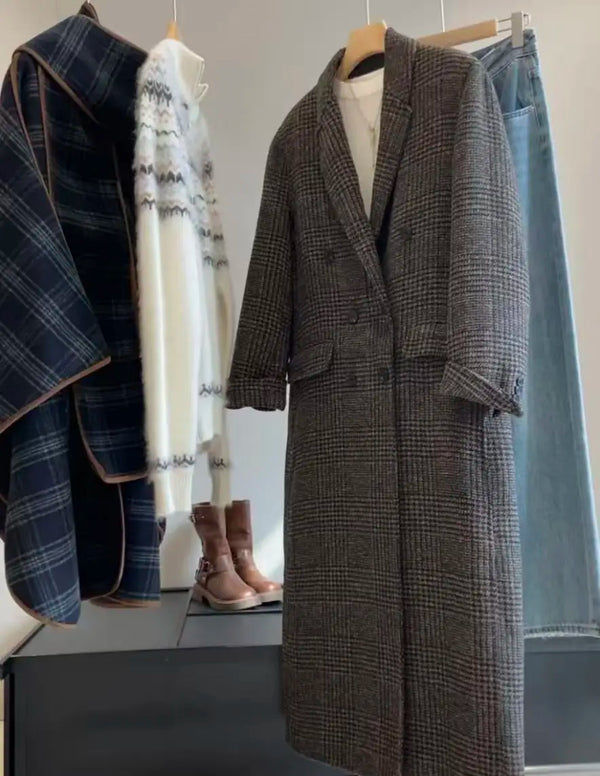 Original Winter New Style Retro British Style High-end Double-breasted Knee-length Check Coat for Women