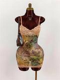Lace Patchwork Print  Dress Women Sexy Trend Low-Neck See Through  Beach Vacation Party Clubwear Peach Hip Bodycon