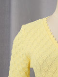 Black Casual Knit Midi Dresses For Women V Neck Gold signle Buttons Accent Textured Fabric Pleated Skirt For Office Commute