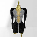 Women's Luxury Rhinestone Glam Low-cut Hip-hugging Black Velvet Dress Fashion Party Performance Gown Robe Femme Chic Et Élégante