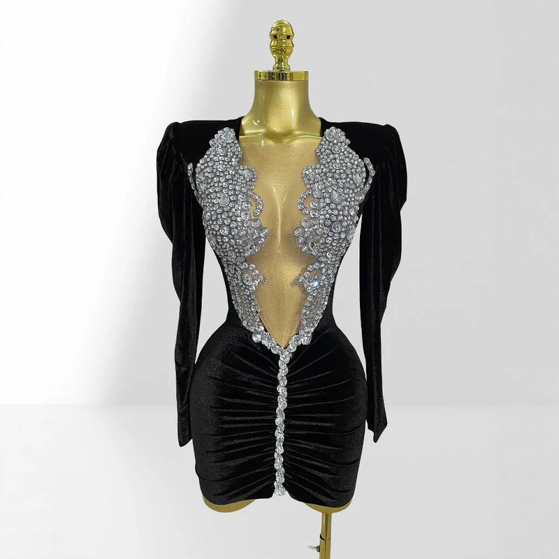 Women's Luxury Rhinestone Glam Low-cut Hip-hugging Black Velvet Dress Fashion Party Performance Gown Robe Femme Chic Et Élégante