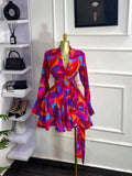 Women Tie Dye Print Flare Long Sleeve Wrap V-neck with Sashes Ruffle Dress 2026 Elegant Vacation Party Birthday Dresses