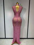 Sparkly Gold Rhinestone Sleeveless Stretch Long Dress Women Sexy Mesh Celebrate Evening Prom Birthday Dress Photo Shoot Wear