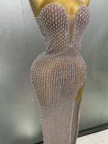 Luxurious Full Rhinestones Mesh Transparent Long Dress Women Birthday Celebrate Evening Prom Dress Party Club Stage Costume