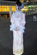 Autumn and Winter Thick Style Gentle Wool Cheongsam Dress Qipao Dress Pink Flower High-end Women'sTraditional Chinese Clothing