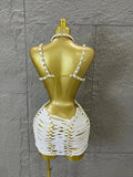 Women Sexy Sparkly White Braided Halter Mini Dress Gold Bead Trim Cutout Sides Ideal Beach Parties Vacations Special Occasions