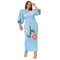 Elegant Women Pleated Half Lantern Sleeve O-neck Slim Maxi Long Dress Print Fashion Autumn 2024 Ruched Dresses Vestidos