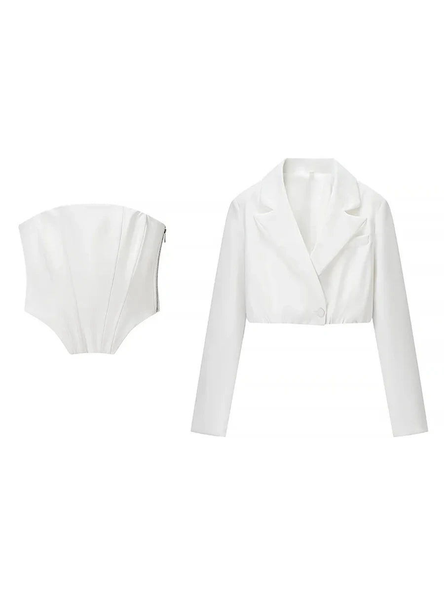 Two Piece Set for Women Strapless Spliced Fish Bone Vest with Lapel Long Sleeve Short Coat Hot Girl Suit Female New