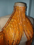 Women Latin Dance Outfits Bar Nightclub Party Club Stage Wear Sparkly Diamond Orange Tassel Long Sleeves Mesh Transparent Dress