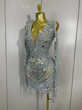 Luxury Evening Party Birthday Nightclub Photo Shoot Wear Sexy Mesh Sparkly Diamonds Sequin Tassels Long Sleeves Sheer Mini Dress