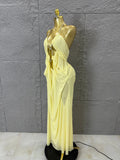 Sexy Halter Neck Maxi Dress Crystal Chain Cutout Ruched Women Sheer Mesh Form Outfit Glamorous Evening Gala Party Costume