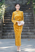 Olivegirl Chinese Dress Qipao 2026 Spring Gold Improved Velvet Waist Long Daily Young Long-sleeved Cheongsam Dress