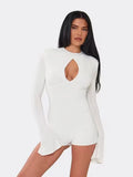 Weird Puss Hollow Playsuit Women Puff Sleeve o-Neck Skinny Solid High Elasticity Simple Classic Sexy Midnight Fashion Romper