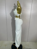 Women Sexy White Flowers V-Neck Tops Bodycon Long Dress Two Pieces Set Eveing Party Prom Gown Nightclub Celebrate Birthday Dress