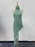 Solid Slim Backless Dresses For Women Round Neck Sleeveless High Waist Spliced Feather Irregular Dress Female New