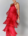 Solid Spliced Tassel Dresses for Women Halter Sleeveless High Waist Temperament Dresses Female Fashion New