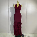 Women Evening Party Prom Gown Birthday Club Dress Sexy Backless Halter Neck Sleeveless Ruffles Pacthwork Bodycon Bandage Dress