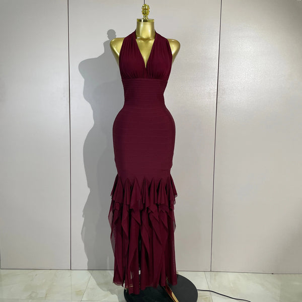 Women Evening Party Prom Gown Birthday Club Dress Sexy Backless Halter Neck Sleeveless Ruffles Pacthwork Bodycon Bandage Dress