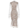 Elegant White Lace Midi Dress Women's Turtleneck Long Sleeve Ruched Bodycon Dresses Evening Party Cocktail Female Winter Autumn