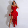 Women Summer Strapless Ruffles Tassel Dress Women Glamour Red 3D Flower Irregular Party Dress Celebrity Outfits Clubwear