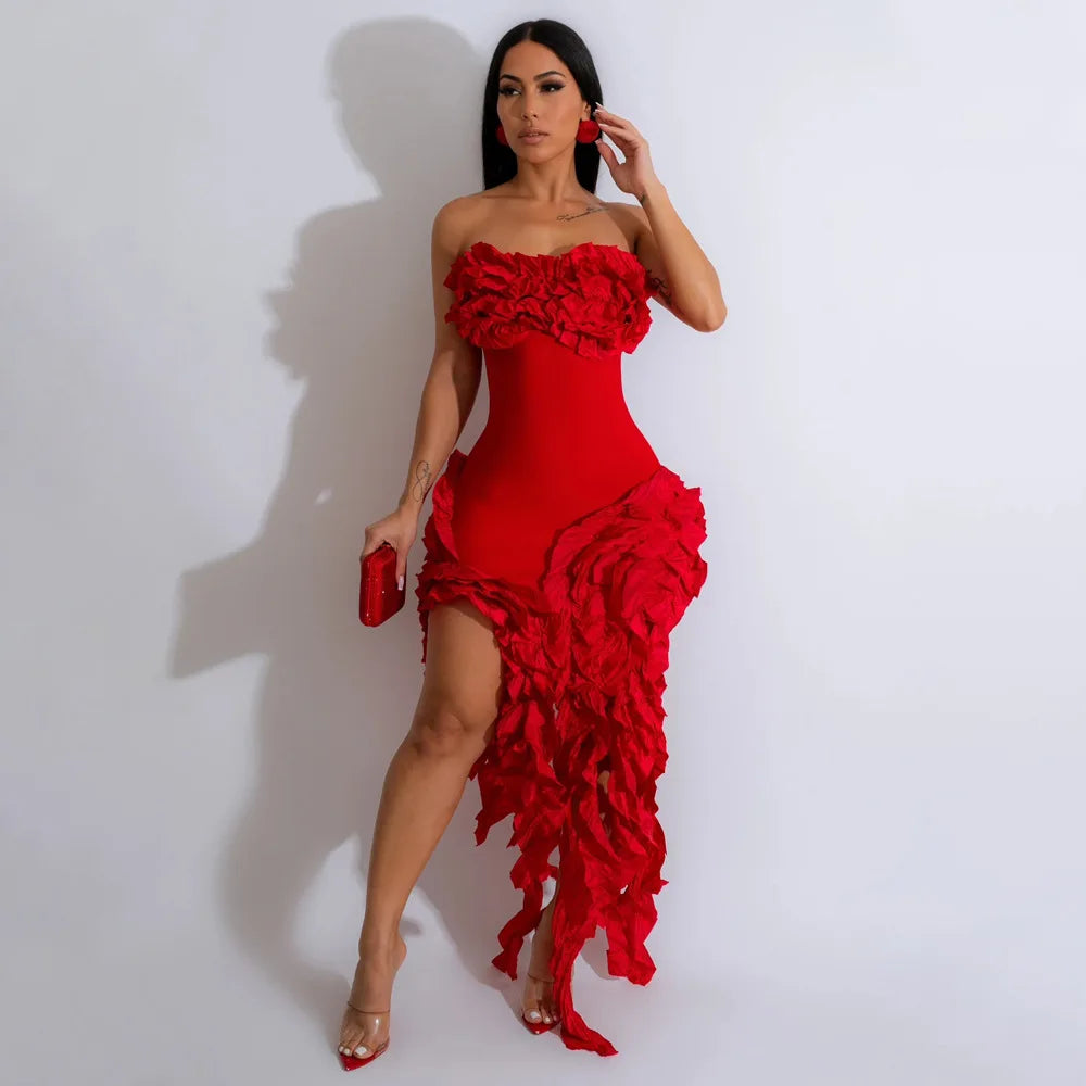 Women Summer Strapless Ruffles Tassel Dress Women Glamour Red 3D Flower Irregular Party Dress Celebrity Outfits Clubwear
