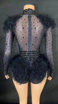 Women's Casual Summer Bodysuit Transparent Rhinestones Sexy Tight Mesh Ruffles Performance Dancer/Singer Costume for Nightclub
