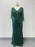 2026 Plus Size Luxury Green Evening Dresses Women Chiffon Sleeve Mermaid Formal Sequins Prom Wedding Party Cocktail Gowns