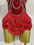 Sparkly Silver Rhinestones Pearl Tassels Bodysuit 2025 New Women Sexy Eveing Birthday Party Nightclub Stage Performance Costume