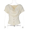 Women Summer Top Fashion Button-Front Patchwork V-Neck Pleated Fitted Top New Casual High-Street Party Female T-Shirts